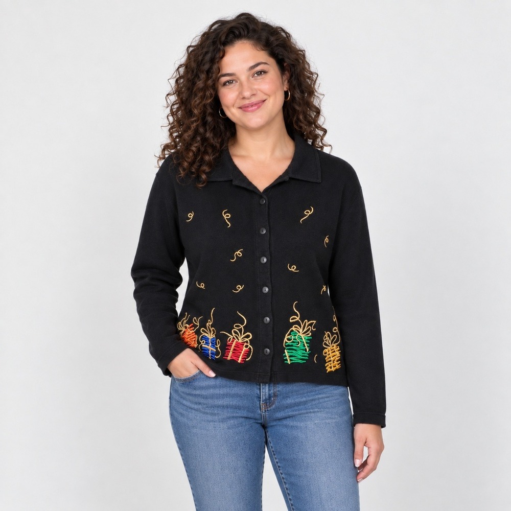 Bechamel Womens Vintage 90s Gift Box Cardigan L Black Christmas Kitsch Teacher